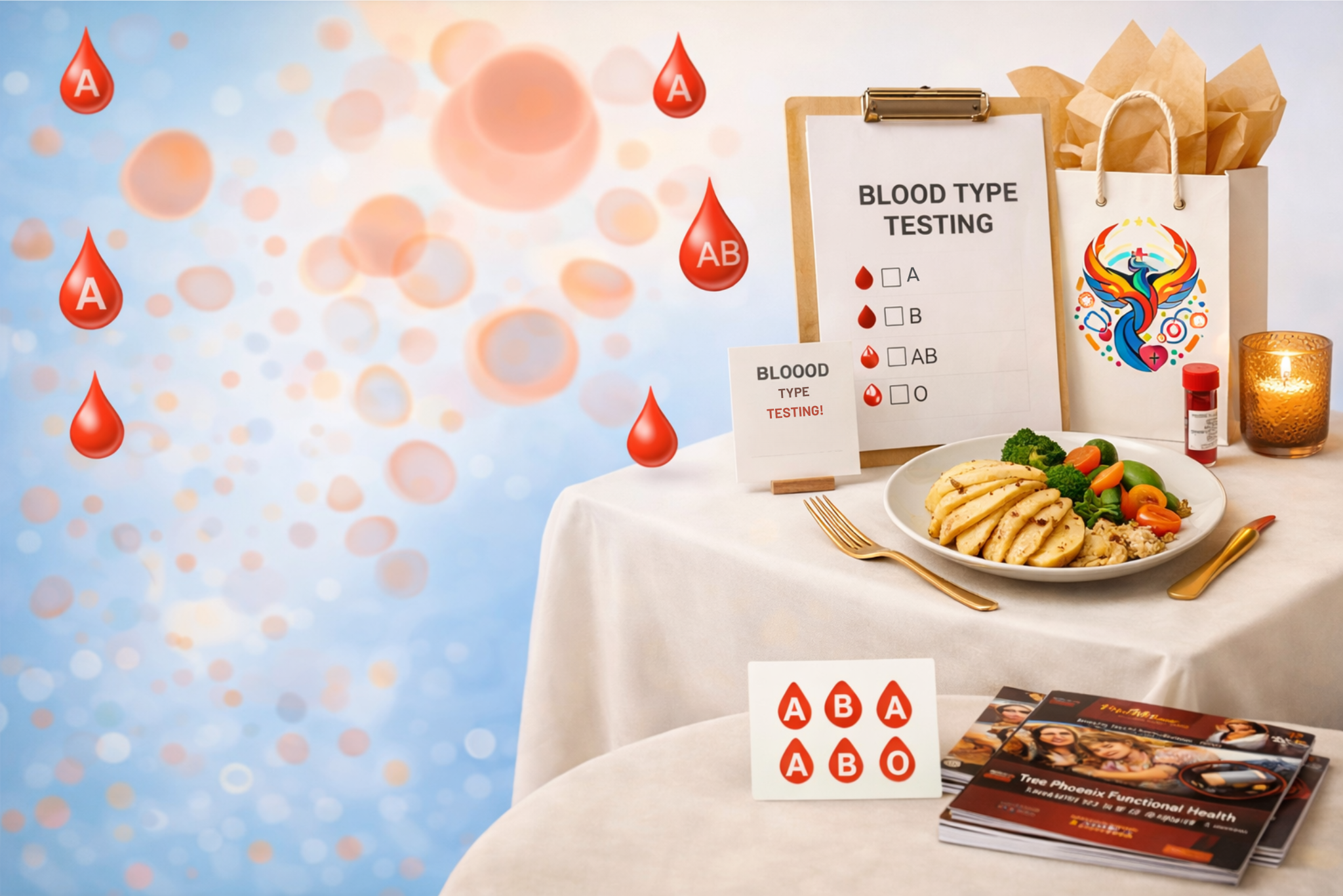 Blood type testing setup with healthy food, wellness resources, and True Phoenix Functional Health branding