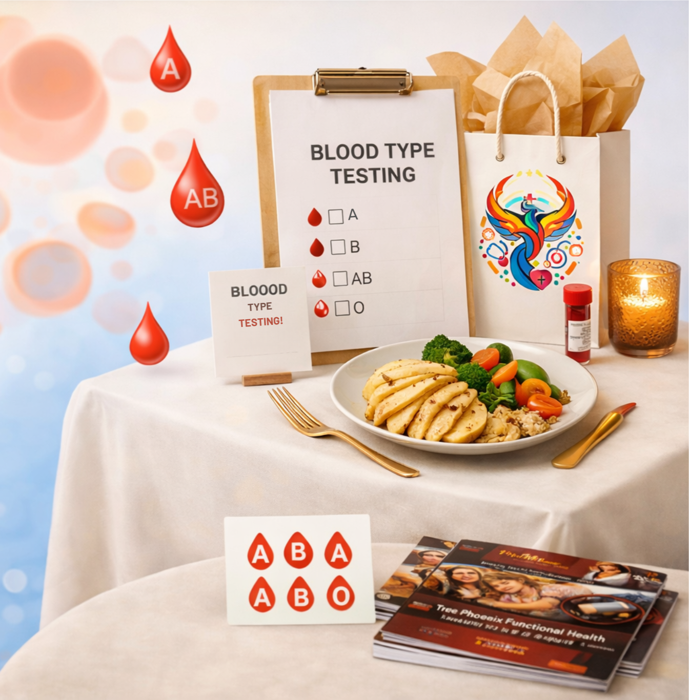 Whats_Your_Type_Affair Blood type testing display with healthy meal, wellness materials, and True Phoenix Functional Health setup for the What’s Your Type Affair event