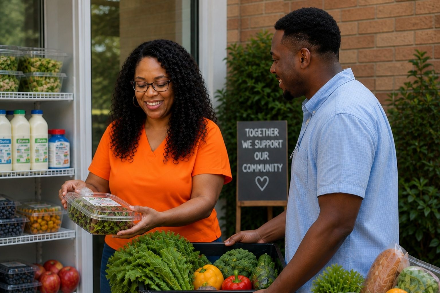 Black healthcare professionals from True Phoenix Functional Health placing fresh fruits and vegetables into a community refrigerator to support local food access and wellness