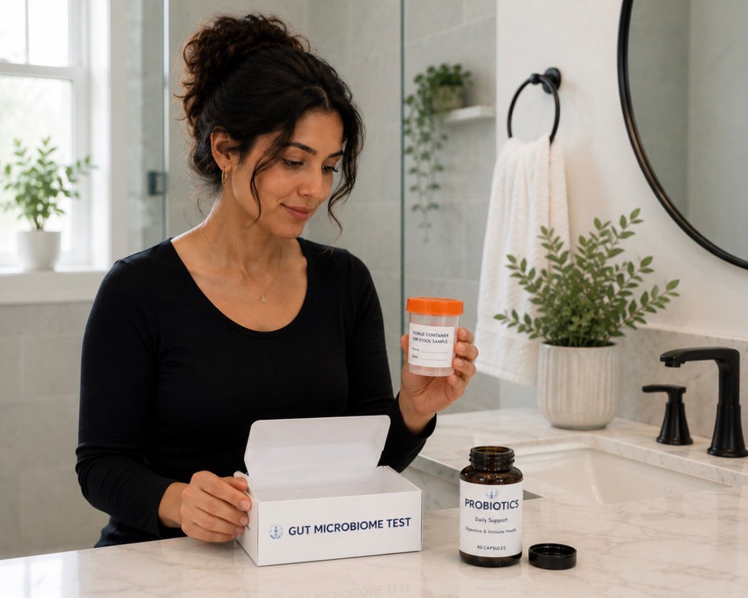 Woman reviewing an at-home Gut Microbiome Test kit before collecting a stool sample for comprehensive digestive health testing.