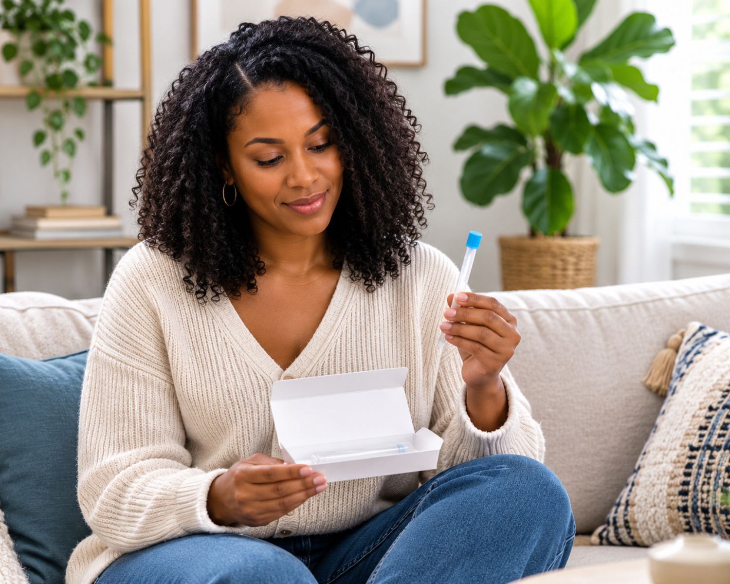 Black woman reviewing an at-home vaginal microbiome test kit for recurring BV, yeast infections, and vaginal health.