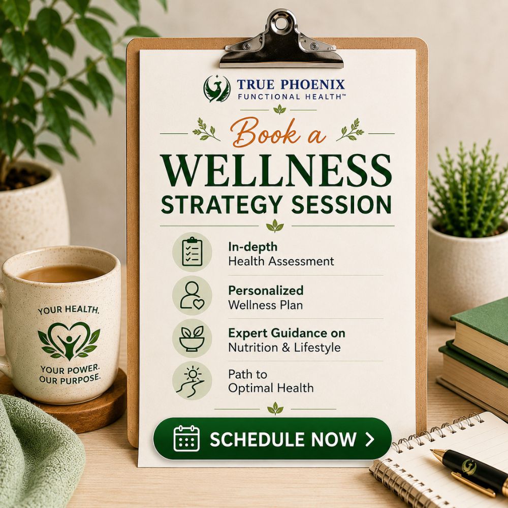 Book_a_Wellness_Strategy_Session True Phoenix Functional Health Wellness Strategy Session flyer on a clipboard with a health-themed coffee mug, highlighting personalized functional medicine consultations and wellness planning.