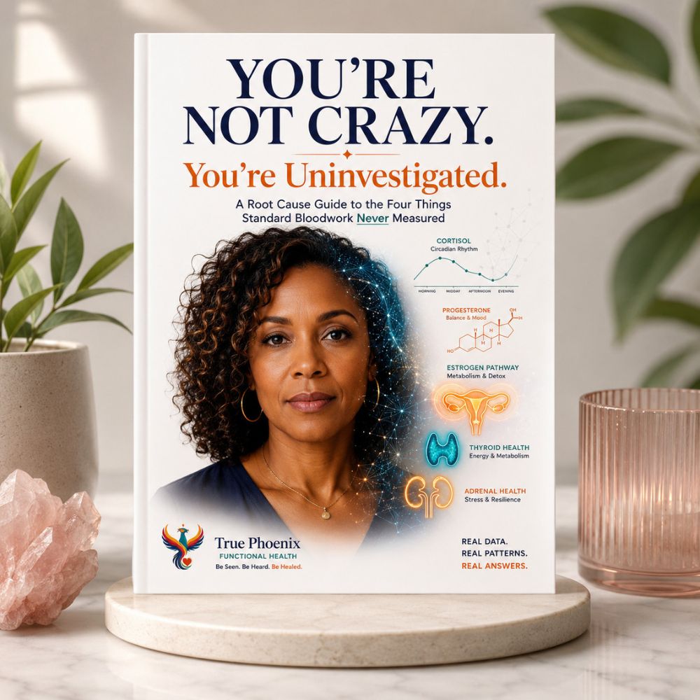 Hormone_Root_Cause_Guide Hormone Health Guide by True Phoenix Functional Health displayed on a marble pedestal with wellness décor, featuring a woman and root cause hormone health topics including cortisol, estrogen, progesterone, thyroid, and adrenal health.