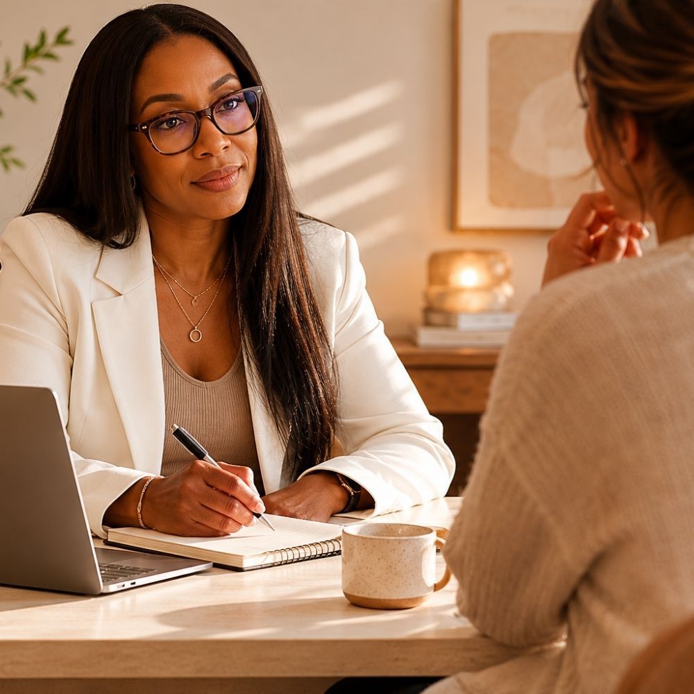 Personalized-Vaginal-Health-Consultation Black female healthcare provider consulting with a woman during a personalized vaginal health and microbiome review in a private clinical setting.
