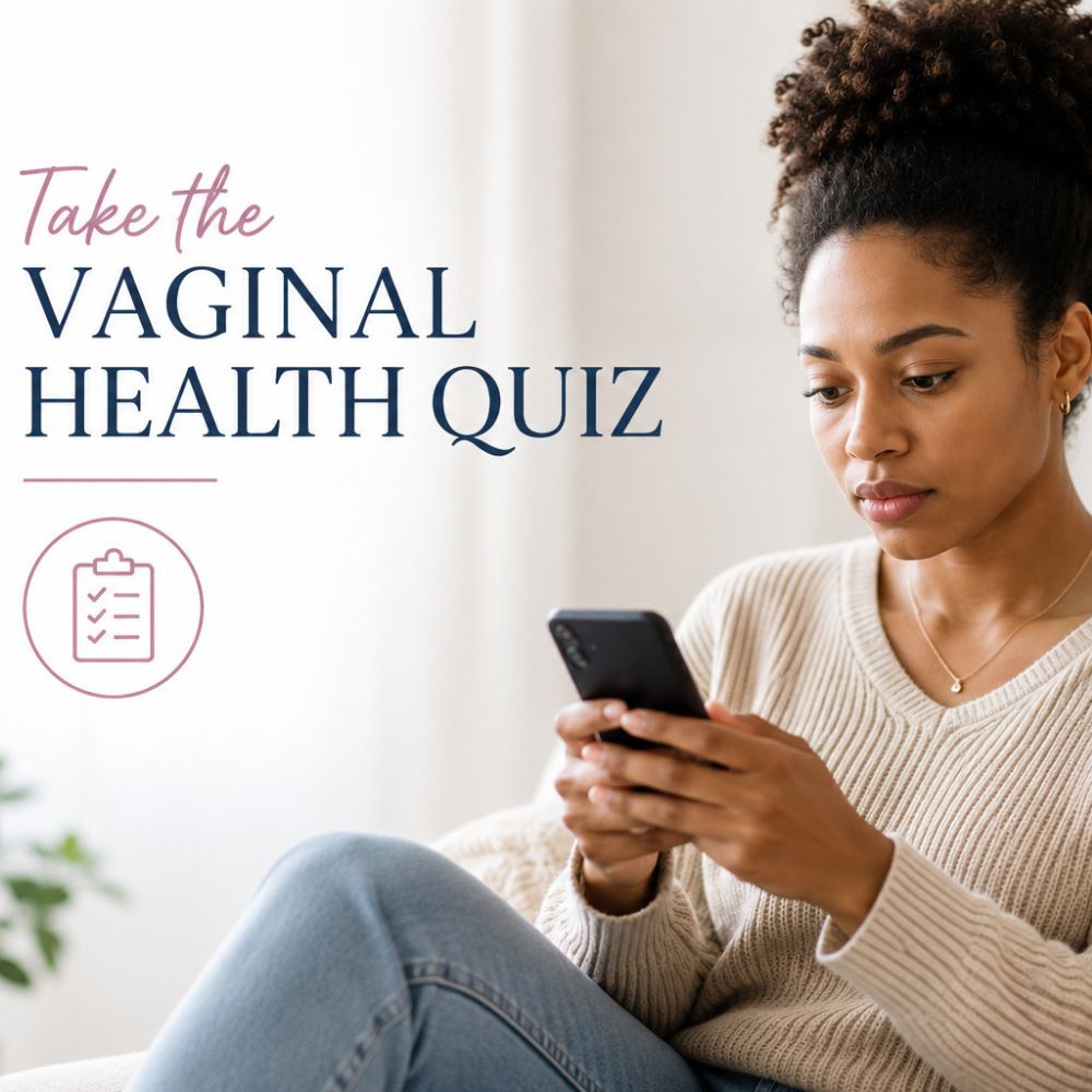 Take-Vaginal-Health-Quiz Woman sitting on a couch completing a vaginal health quiz on her smartphone, promoting an online vaginal health assessment before microbiome testing.