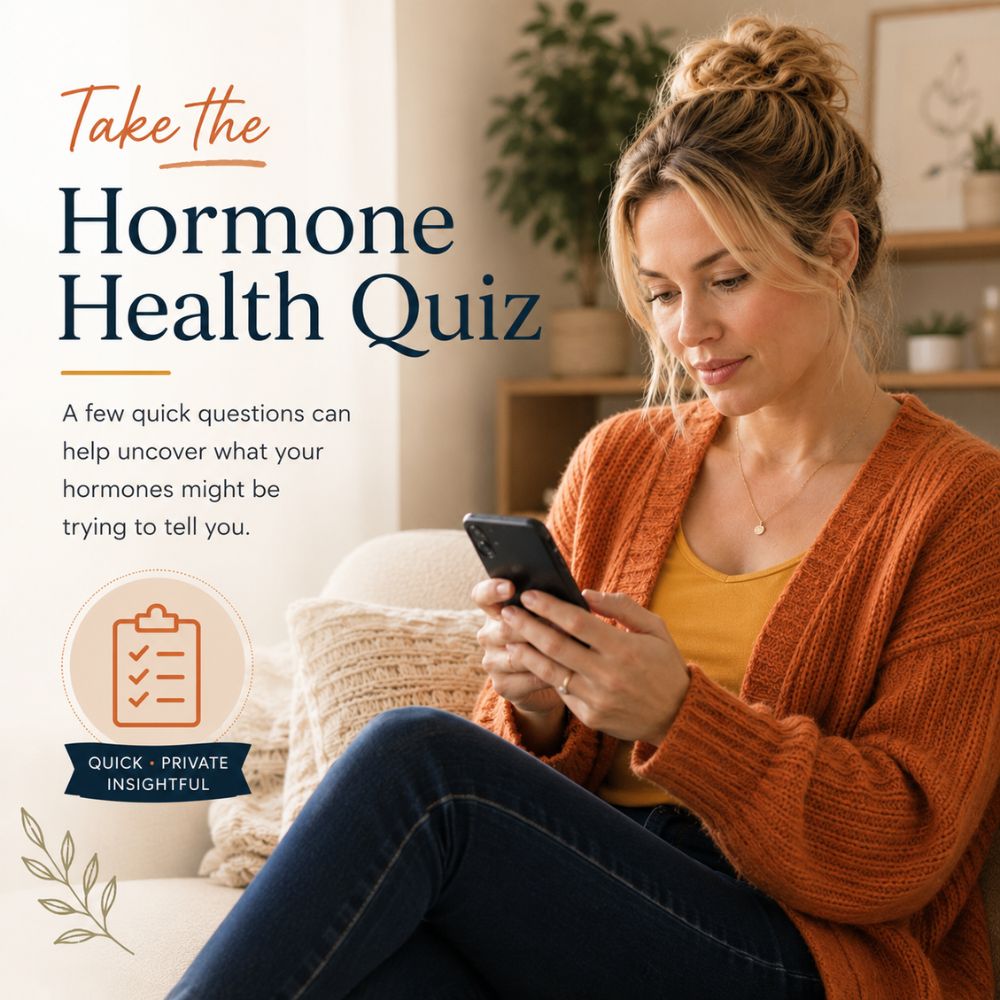 Take_Hormone_Health_Quiz Woman using her smartphone to take a Hormone Health Quiz, promoting hormone imbalance awareness, hormone testing, and personalized women's health insights from True Phoenix Functional Health.